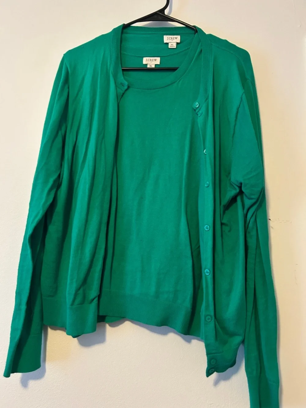 J. Crew Women’s Emerald Green Crewneck Shell Sweater& Button Cardigan Set, XL